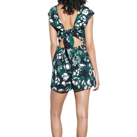 Club Monaco - “Krishel” Romper, Tropical Floral Print, Tie Back - Size 4, Black - Picture 3 of 17